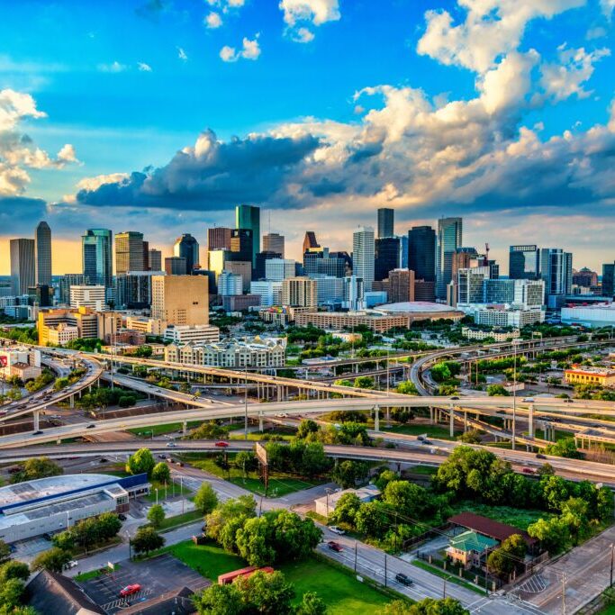 Houston's Skyline The skyline of Houston, Texas at sunset shot from an altitude of about 600 feet .